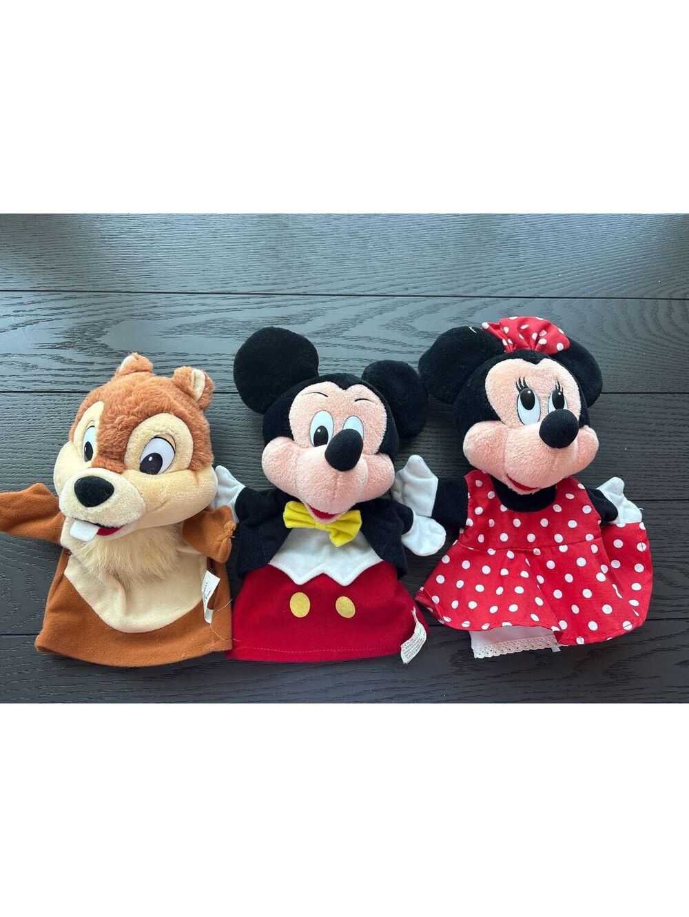 Vintage Disney Mickey Mouse Minnie Mouse and Chip Plush Hand Puppets Set Toy